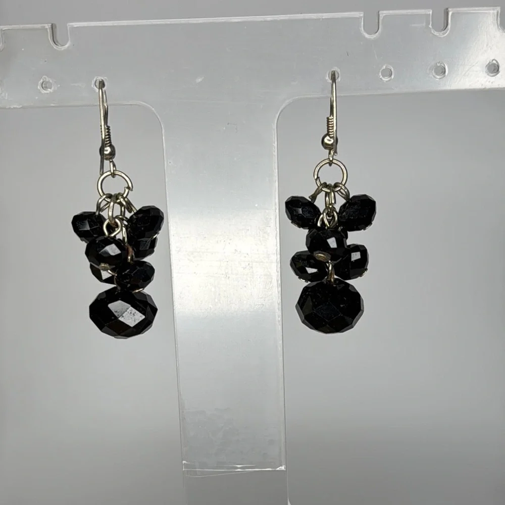 Black Cascading Bead Earrings with Silver Hooks